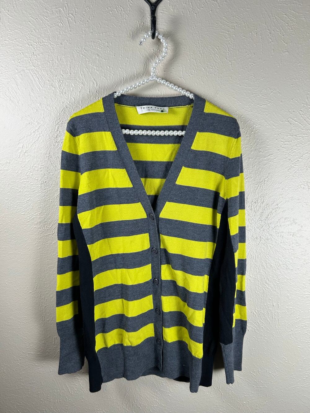 Trina Turk Merino Wool Cardigan Sweater Classic Preppy Yellow Gray Stripes